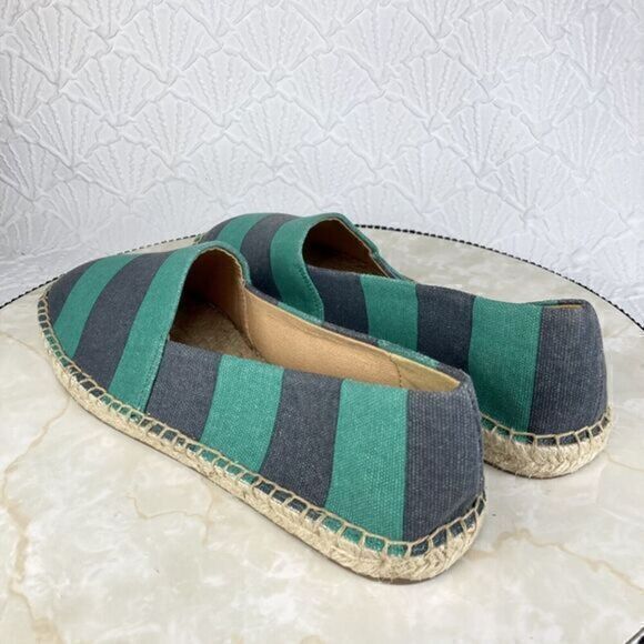 J. Crew Flats Women 8 Navy Green Kely Stripe Canvas Slip On Nautical Espadrilles - Picture 7 of 14